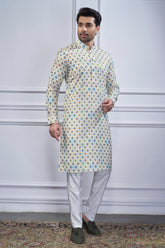 Yellow Cotton Linen Checks Printed Kurta Pajama